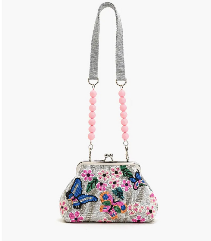 Beaded Frame Crossbody Clutch-Silver Butterfly