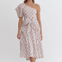 Tomato: Flower print one-shoulder puff sleeve midi dress featuring self tie at waist. Zipper at side. Lined. Woven. Non-sheer. Lightweight