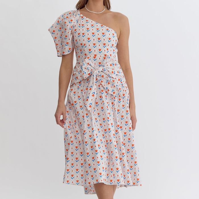 Tomato: Flower print one-shoulder puff sleeve midi dress featuring self tie at waist. Zipper at side. Lined. Woven. Non-sheer. Lightweight