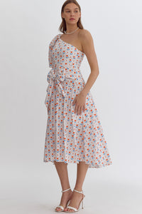 Tomato: Flower print one-shoulder puff sleeve midi dress featuring self tie at waist. Zipper at side. Lined. Woven. Non-sheer. Lightweight