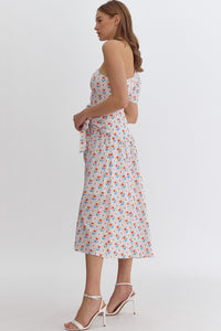 Tomato: Flower print one-shoulder puff sleeve midi dress featuring self tie at waist. Zipper at side. Lined. Woven. Non-sheer. Lightweight