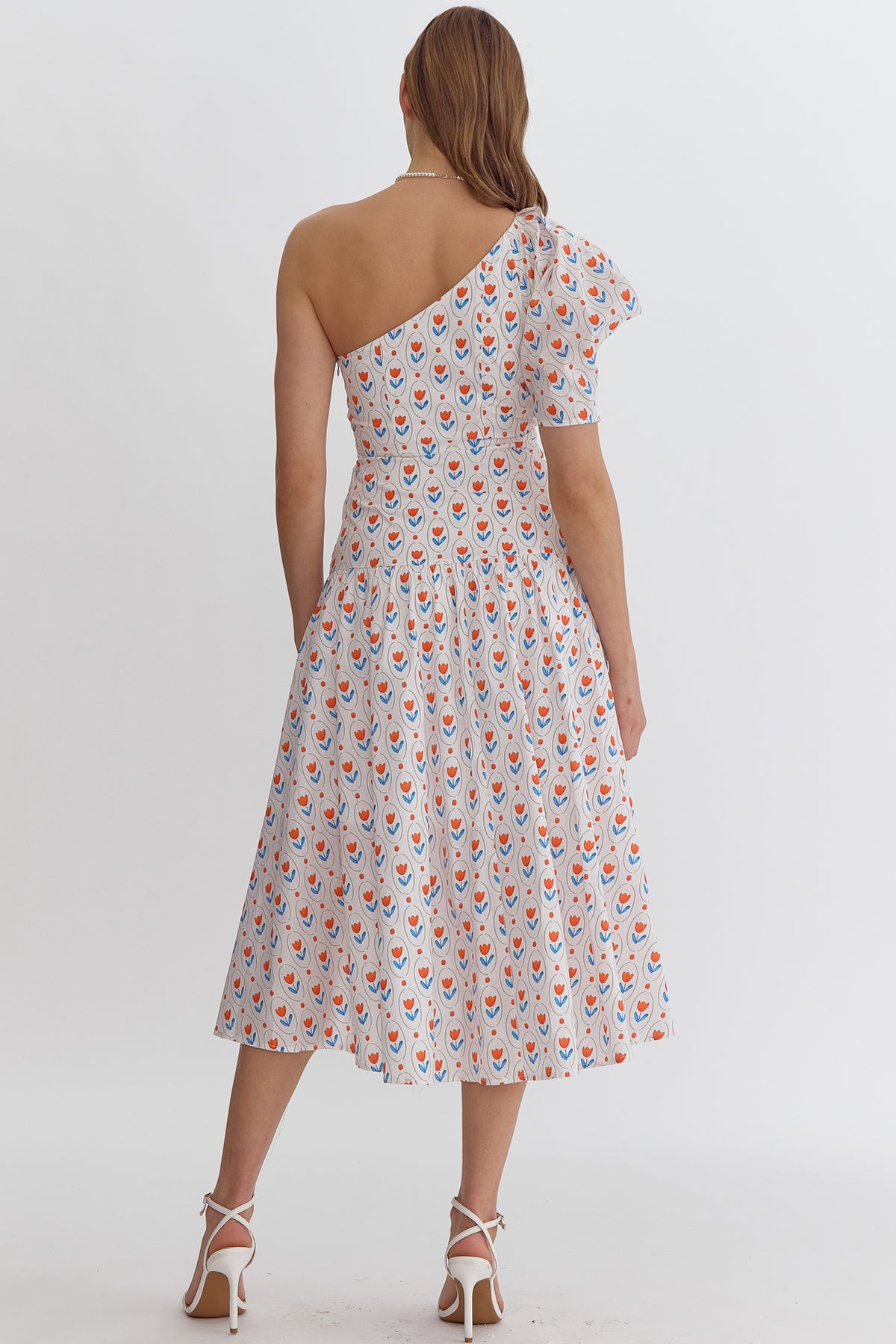 Tomato: Flower print one-shoulder puff sleeve midi dress featuring self tie at waist. Zipper at side. Lined. Woven. Non-sheer. Lightweight