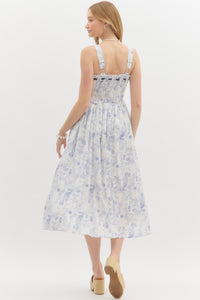 Blue: Floral print adjustable shoulder strap pullover midi dress. Adjustable satin bow smocked top. Lined. Woven. Non-sheer. Lightweight.