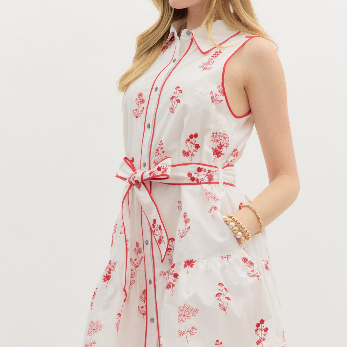 Red Floral Embroidered Sleeveless Mini Dress