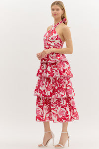 Red: Paisley print tiered bow tie halter midi dress featuring contrast accented binding finish. Lined. Woven. Non-sheer. Lightweight.