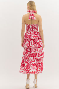 Red: Paisley print tiered bow tie halter midi dress featuring contrast accented binding finish. Lined. Woven. Non-sheer. Lightweight.