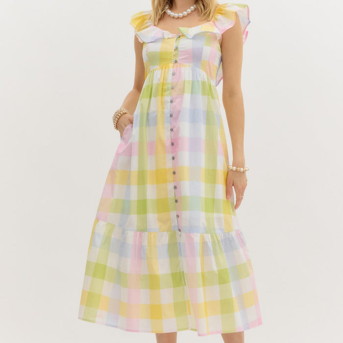 Multi: Multicolor ruffle neckline high empire sleeveless midi dress. Smocking at back and button front closure. Pockets at sides. Lined. Woven. Non-sheer. Lightweight.