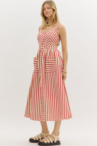 Red: Stripe pattern sweetheart neckline strap shoulder dress featuring cutout details at side. Pockets at front. Front button closure with elasticated waistband at back. Lined. Woven. Non-sheer. Lightweight.
