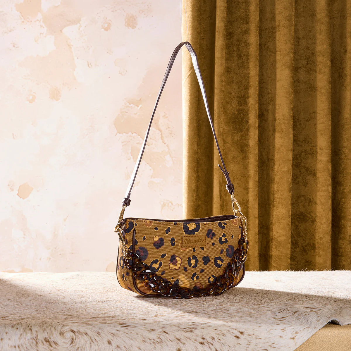 Wrangler Leopard Print Canvas Shoulder Bag with Chain Strap