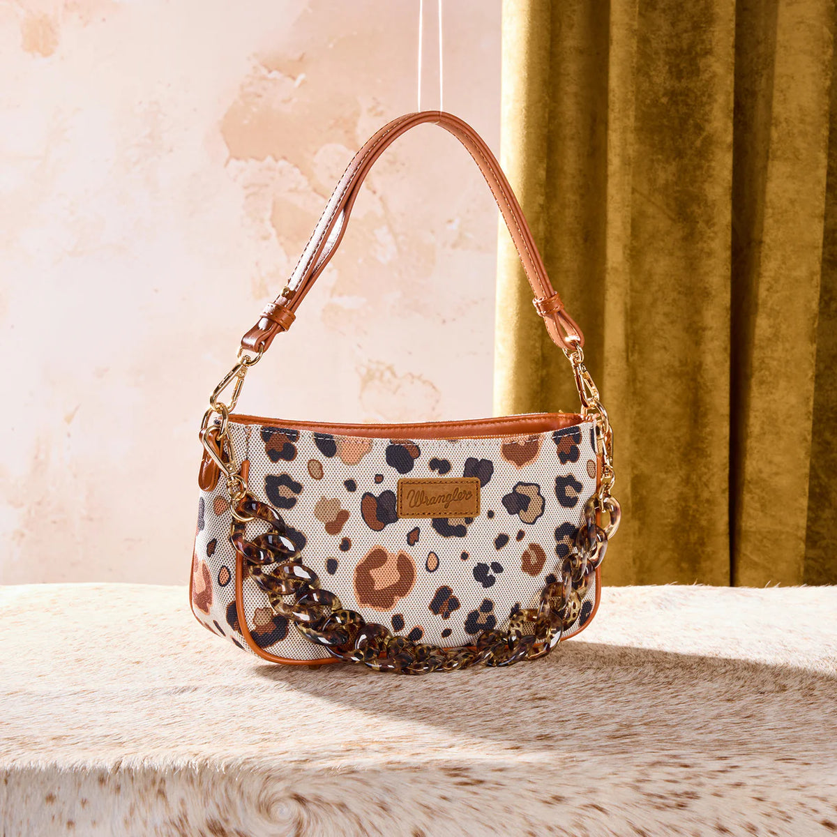 Wrangler Leopard Print Canvas Shoulder Bag with Chain Strap