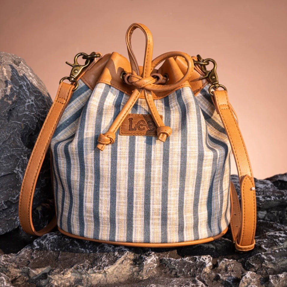LEE Striped Canvas Drawstring Hobo Bucket Bag/Crossbody