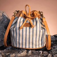 LEE Striped Canvas Drawstring Hobo Bucket Bag/Crossbody