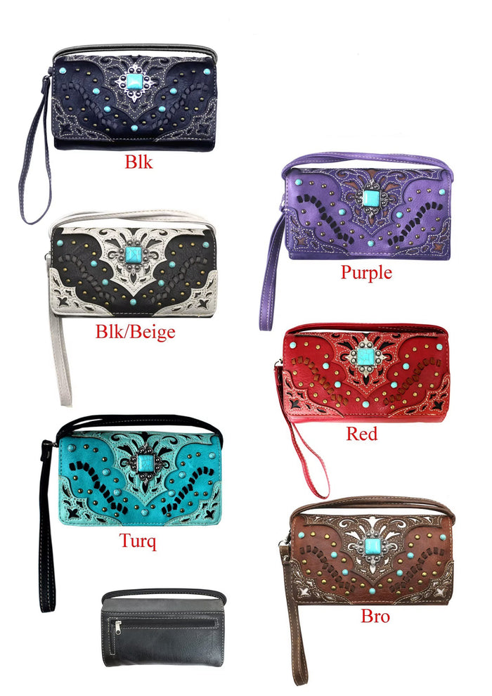 Tri-Fold Square Turquoise Concho Wallet with Crossbody Strap