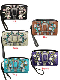 Tri-Fold Buckle Colorful Flower Print Wallet with Crossbody Strap