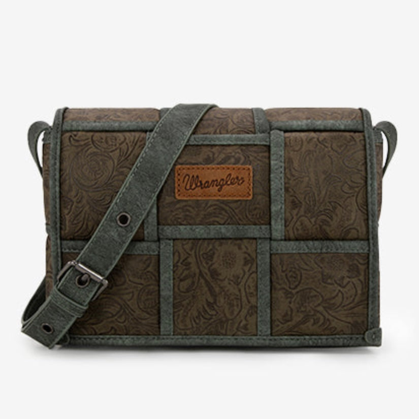 Wrangler Woven Tooled Grid Panel Flap Crossbody Bag