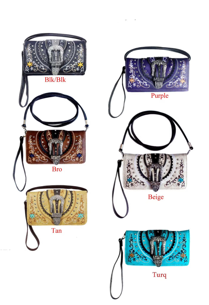 Tri-Fold Buckle Daisy Print Wallet with Crossbody Strap