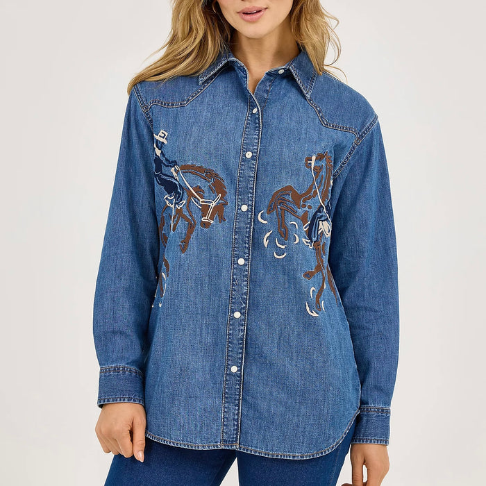 Women's Embroidered Horses Boyfriend Western Snap Shirt