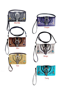 Tri-Fold Buckle Flower Print Wallet with Crossbody Strap