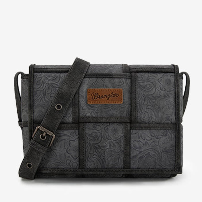 Wrangler Woven Tooled Grid Panel Flap Crossbody Bag