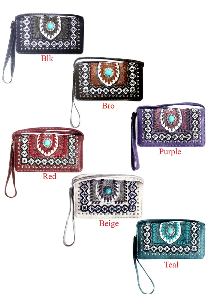 Tri-Fold Round Turquoise Concho Wallet with Crossbody Strap