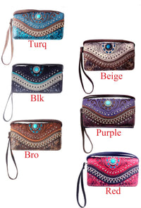 Tri-Fold Arched Turquoise Concho Wallet with Crossbody Strap