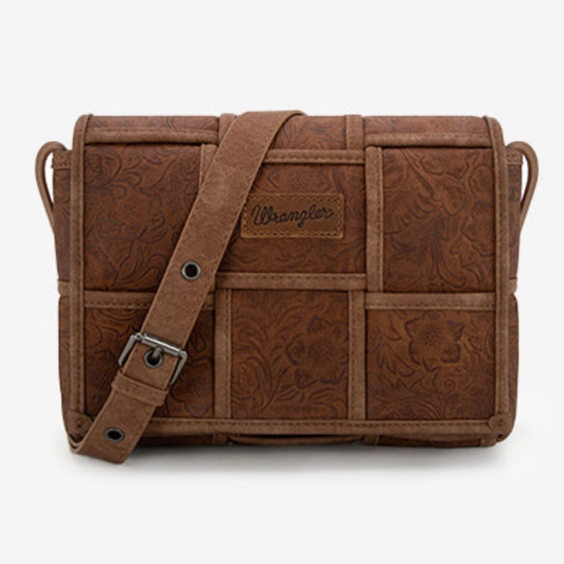 Wrangler Woven Tooled Grid Panel Flap Crossbody Bag