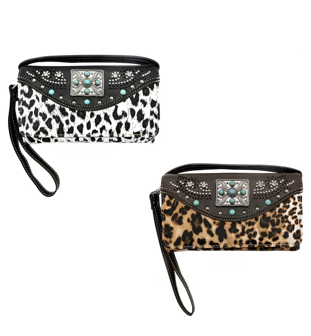 Tri-Fold Leopard Print Wallet with Crossbody Strap
