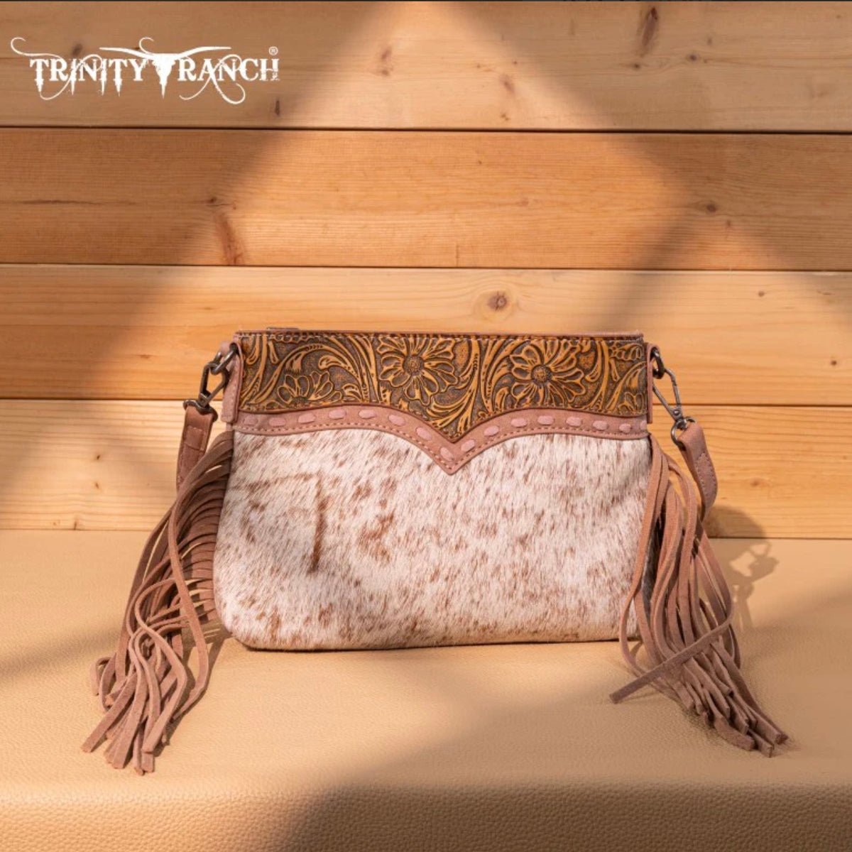 Trinity Ranch Floral Tooled Hair-On Cowhide Crossbody