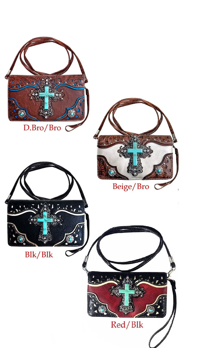 Tri-Fold Turquoise Cross Wallet with Crossbody Strap