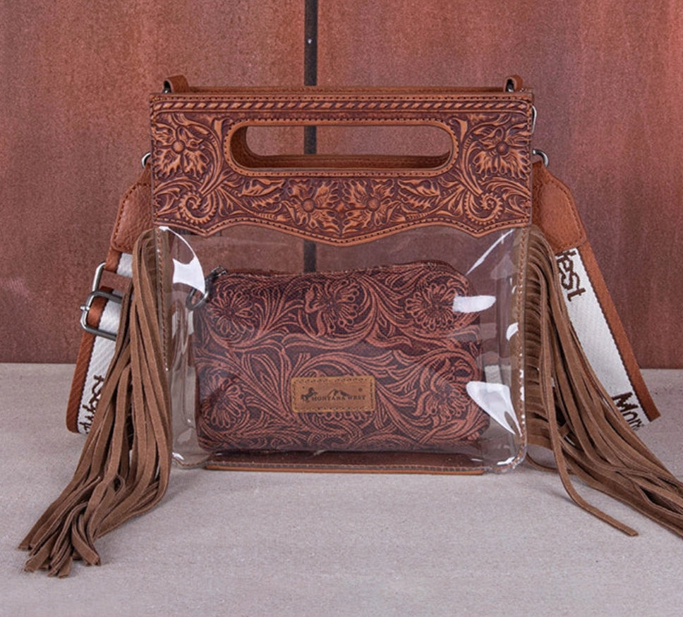Montana West Top Handle Clear Fringe Crossbody Set