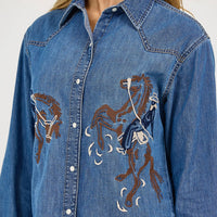 Women's Embroidered Horses Boyfriend Western Snap Shirt