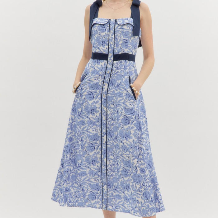 Blue Floral Print Bow Tie Midi Dress