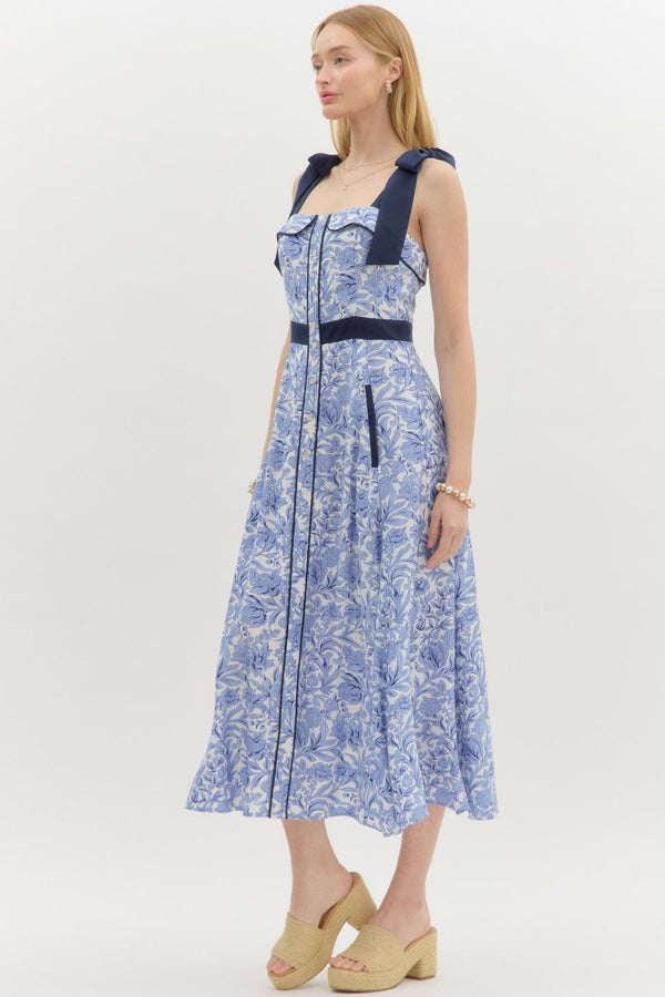 Blue Floral Print Bow Tie Midi Dress
