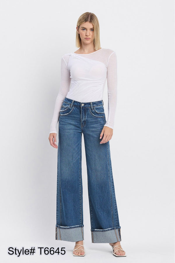 Shine - High Rise Cuffed Panel Baggy Wide Leg Jeans
