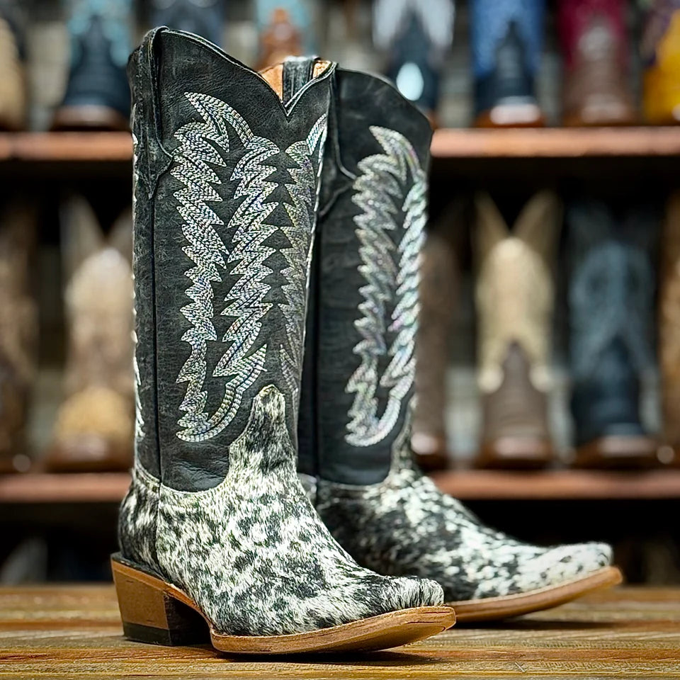 Tanner Mark Jolene Women’s Black & White Hair on Cowhide with Black Top