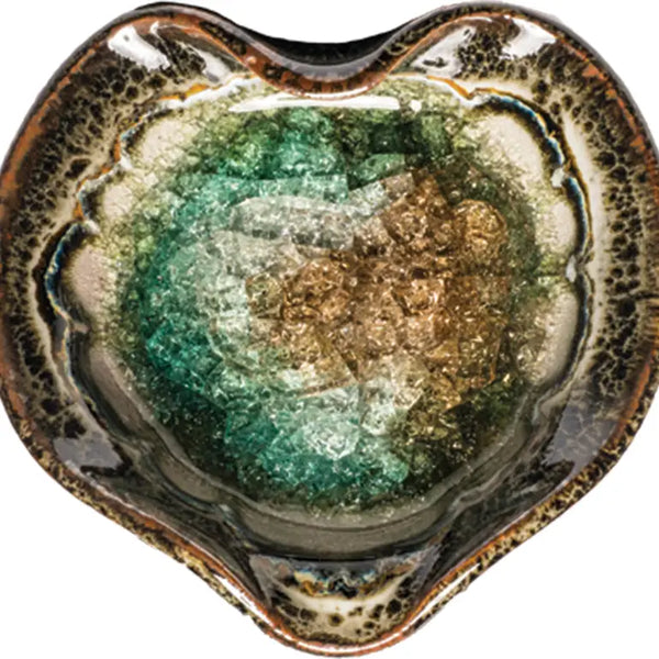 Ceramic, crystal glass middle, handmade, little dish, heart shape, brown, multicolored 