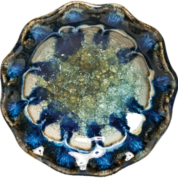 Ceramic, crystal glass middle, handmade, little dish, circle, blue