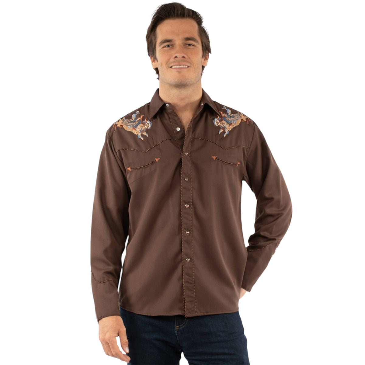 SCULLY MEN'S BRONCO RIDER EMBROIDERED WESTERN SNAP SHIRT-CHOCOLATE