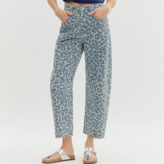 BARREL LEG LEOPARD PRINT JEANS LIGHT BLUE