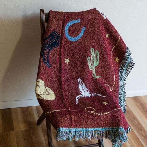 Western Decor - Cowboy - Lap Square Cotton Woven Blanket Throw - Made In The USA (54x54)