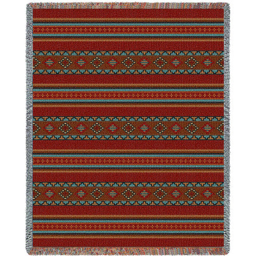 Saddleblanket - Red - Southwest Native American Inspired Tribal Camp - Cotton Woven Blanket Throw - Made In The USA (72x54)