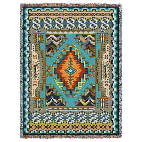 Painted Hills - Sky - Southwest Native American Inspired Tribal Camp - Cotton Woven Blanket Throw - Made In The USA (72x54)