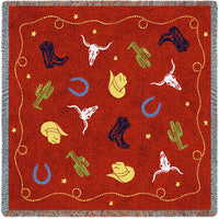Western Decor - Cowboy - Lap Square Cotton Woven Blanket Throw - Made In The USA (54x54)