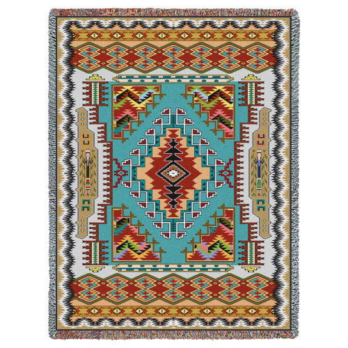 Painted Hills -Turquoise - Southwest Native American Inspired Tribal Camp - Cotton Woven Blanket Throw - Made In The USA (72x54)