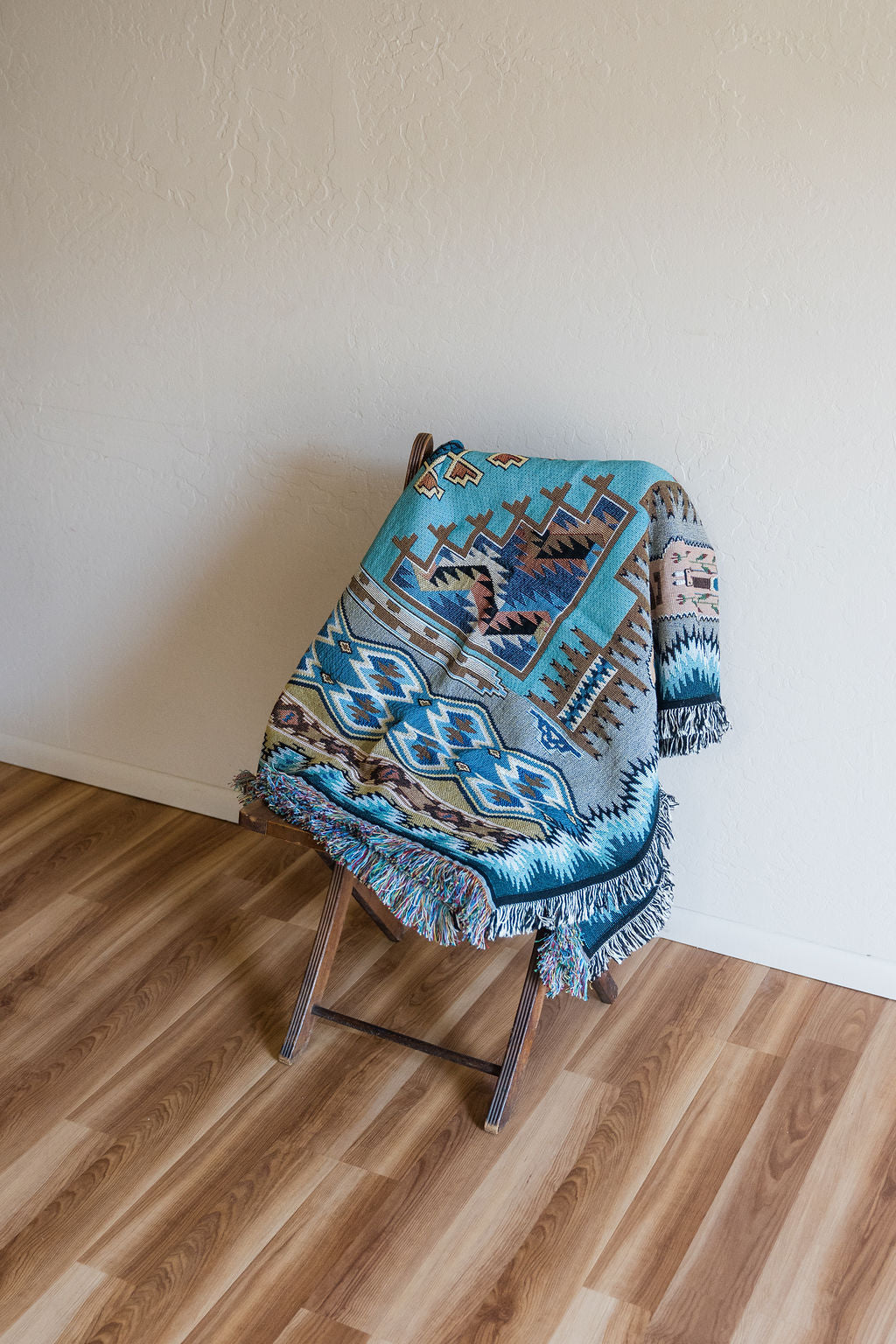 Painted Hills - Sky - Southwest Native American Inspired Tribal Camp - Cotton Woven Blanket Throw - Made In The USA (72x54)