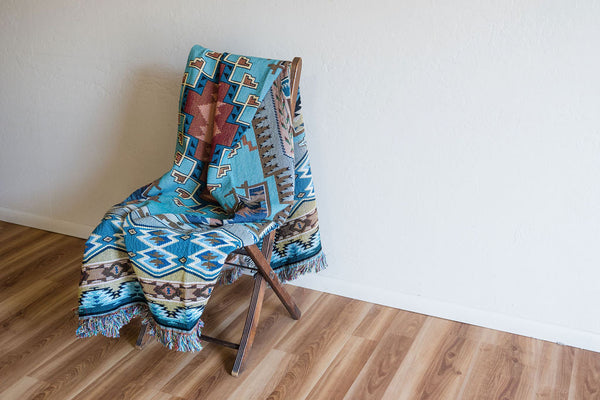 Painted Hills - Sky - Southwest Native American Inspired Tribal Camp - Cotton Woven Blanket Throw - Made In The USA (72x54)