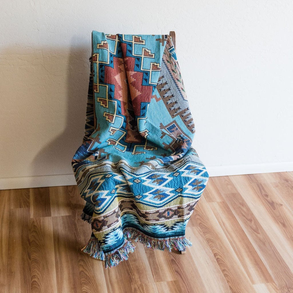 Painted Hills - Sky - Southwest Native American Inspired Tribal Camp - Cotton Woven Blanket Throw - Made In The USA (72x54)