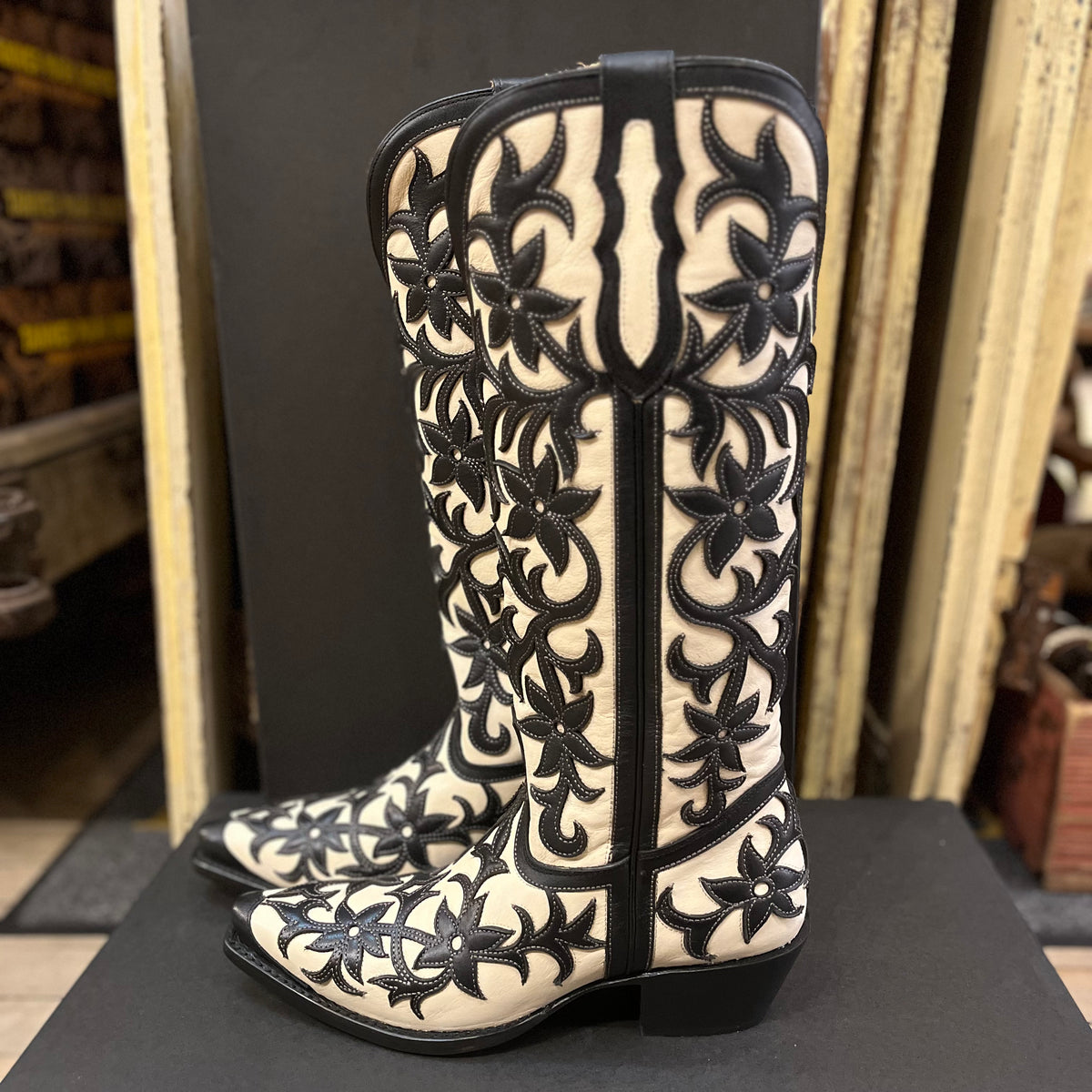 Tony Lama Camila Black and White Cowhide 15” Boot