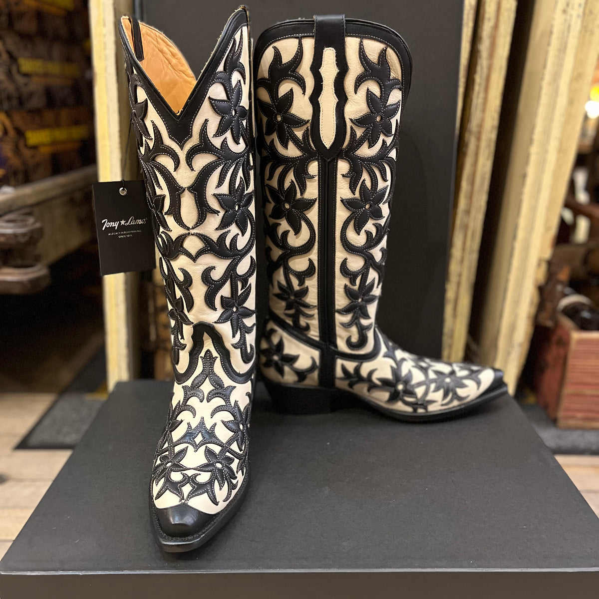Tony Lama Camila Black and White Cowhide 15” Boot