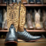 Tanner Mark Men's Genuine Caiman Belly Round Toe Boots - Crazy Honey Horse Top Black